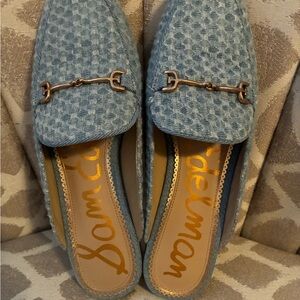Sam Edelman Textured Blue Horse Bit Mules 6.5